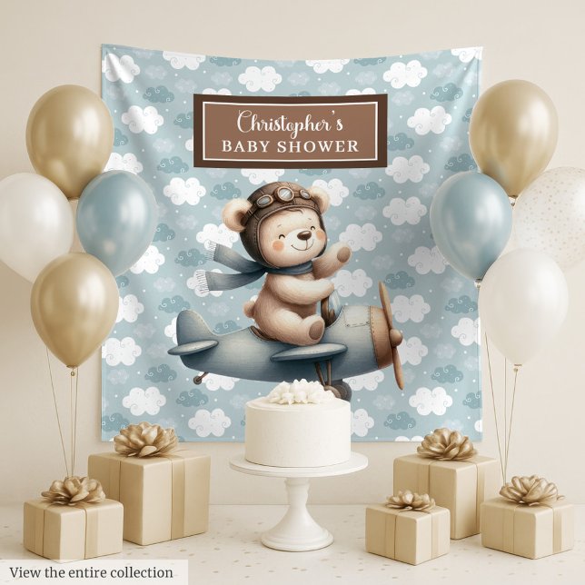 Stilvolle Teddybär-Pilot Baby Dusche Party-Schild Wandteppich (Stylish teddy bear pilot baby shower party sign Tapestry)