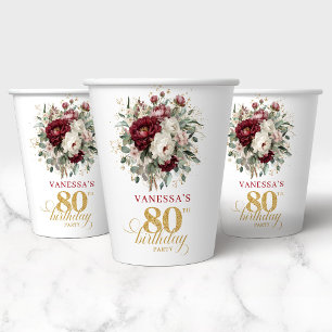 Stilvolle tiefrote Blumen 80. Geburtstag Papiertas Pappbecher