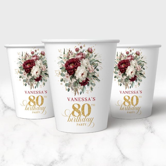 Stilvolle tiefrote Blumen 80. Geburtstag Papiertas Pappbecher (Stylish Deep Red Floral 80th Birthday Paper Cups)