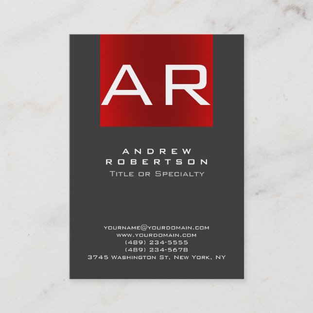 Stilvolle Trendy Gray Red Monogram Business Card Visitenkarte (Vorderseite)