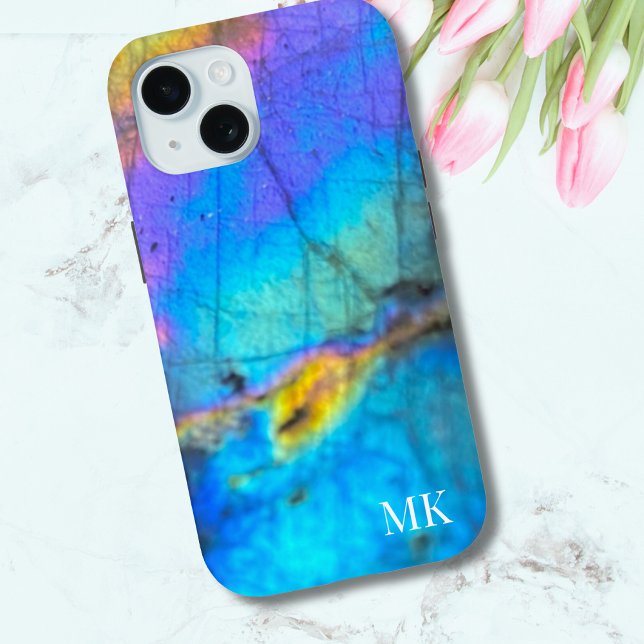 Stilvolle Trendy Modern Colorful Initial Monogram Case-Mate iPhone Hülle (Modern Colorful Stone Modern Initial Monogram iPhone 15 Case)