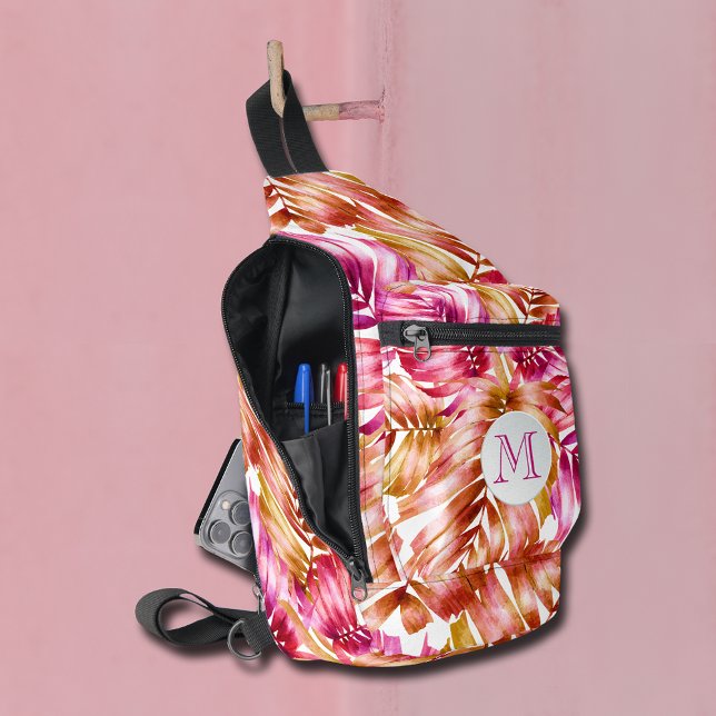 Stilvolle tropische Palmen Crossbody Bag (Stylish tropical palm tree fronds hot pink, orange and white sling bag with monogram on the front.)