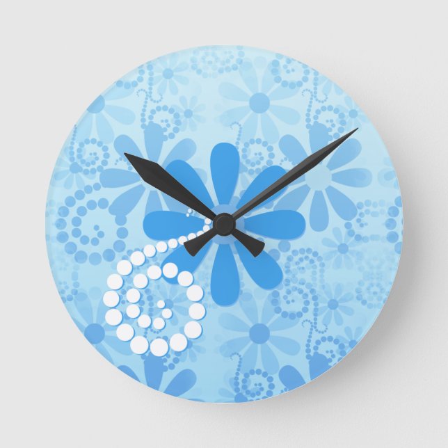 Stilvolle türkisblaue Flora Retro Daisy Blume Runde Wanduhr (Vorderseite)