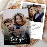 Stilvolle Typografie 2 Foto Wedding Dankeschön Kar Dankeskarte<br><div class="desc">Boho Heart Modern Typografy Wedding 2 Foto Dankeschön Karte. Stilvolle Minimalistische Hochzeitsvorlage mit einem vollen vertikalen Foto vorne mit "Danke"-Overlay in einer handgeschriebenen Kalligraphie Swash Schwanz Script Schriftart Overlay mit Liebe Herzmotiv in Weiß auf dem Bild. Auf der Rückseite ein Foto und danke Ihnen Meldungsvorlage. Einfach zu personalisieren Ihren Namen...</div>