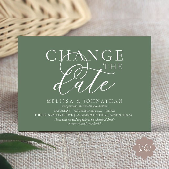 Stilvolle typografische Hochzeit verschieben Datum Einladung (Chic Typographic Wedding Postpone Postponement Change the date Invitation card in sage green)