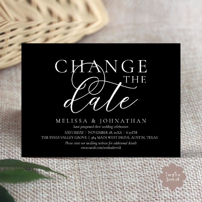 Stilvolle typografische Hochzeit verschieben Datum Einladung (Chic Typographic Wedding Postpone Postponement Change the date Invitation card in classy black)