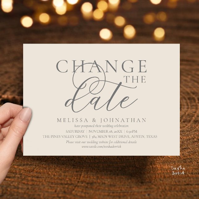 Stilvolle typografische Hochzeit verschieben Datum Einladung (Chic Typographic Wedding Postpone Postponement Change the date Invitation card in cream grey)