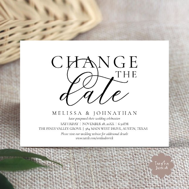 Stilvolle typografische Hochzeit verschieben Datum Einladung (Chic Typographic Wedding Postponement Change the date Invitation Card in Black and White)