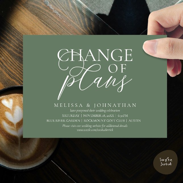 Stilvolle typografische Hochzeitsverschiebung Plan Einladung (Chic Typographic Wedding Postponement Change of plans Date Changed Invitation Card in Sage Green)