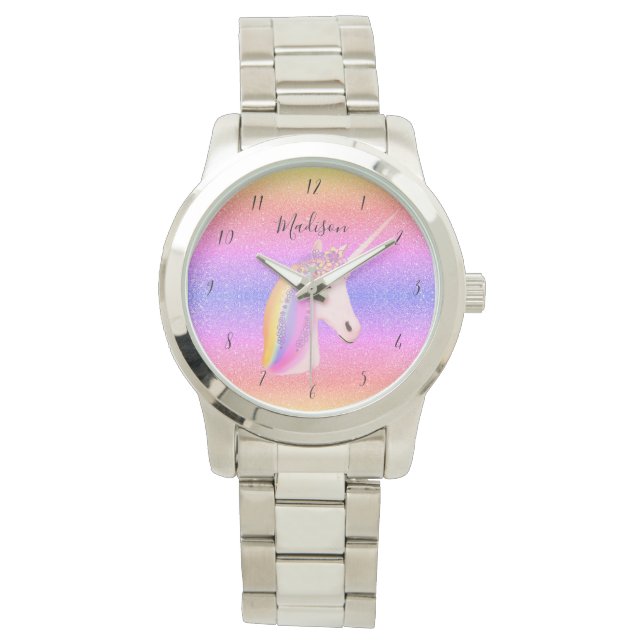 Stilvolle Unicorn Rainbow Monogram Damen Armbanduhr (Vorderseite)
