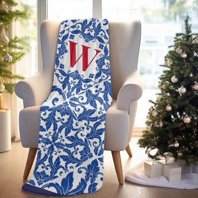 Stilvolle Vintage Damassohne Blaues Monogramm Fleecedecke (Von Creator hochgeladen)