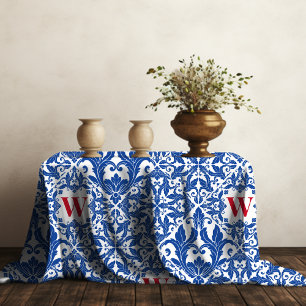 Stilvolle Vintage Damassohne Blaues Monogramm Tischdecke