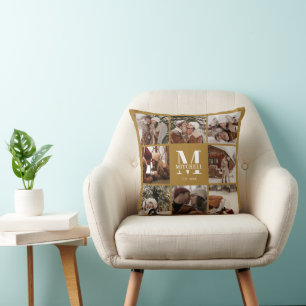Stilvolle Vintage-Gold-Familienfoto-Collage-Monogr Kissen