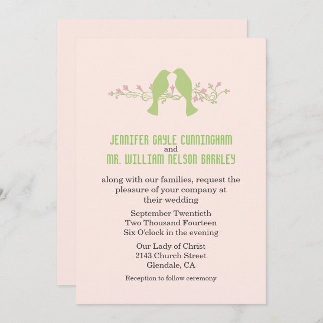 Stilvolle Vögel der Grünen Liebe laden zur Hochzei Einladung (Vorne/Hinten)