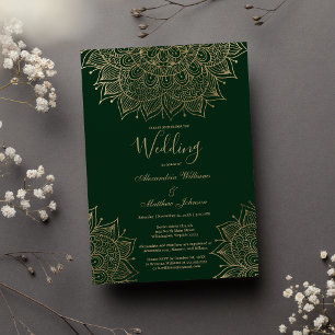 Stilvolle waldgrüne goldene Blumenmandala Hochzeit Einladung