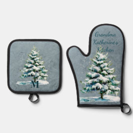 Stilvolle Wasserfarbe Schnee Evergreen Personalisi Ofenhandschuh & Topflappen-Set