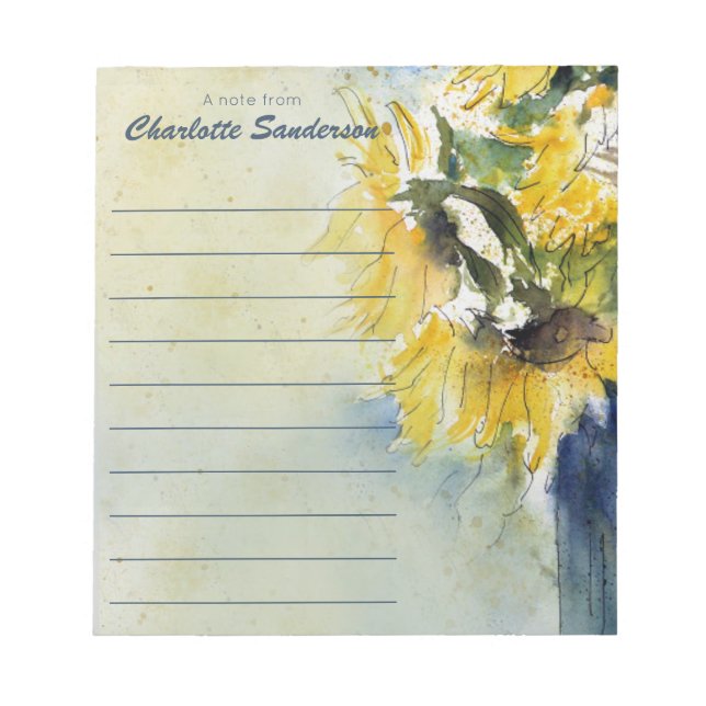 Stilvolle Wasserfarben Sonnenblumen Ein Hinweis vo Notizblock (Vorderseite)