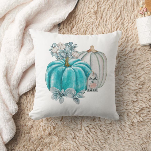 Stilvolle Watercolor Fall Pumpkins Blue Pink Herbs Kissen (Decke)