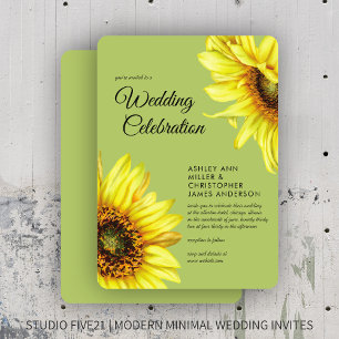 Stilvolle Watercolor Sonnenblume Grüne Hochzeit Einladung