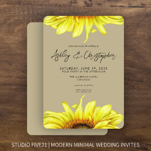 Stilvolle Watercolor Sonnenblume Khaki Wedding Einladung