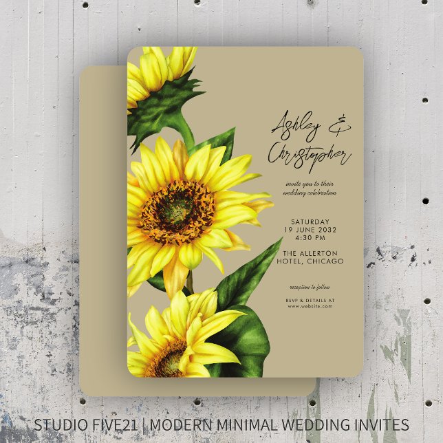 Stilvolle Watercolor Sonnenblume Khaki Wedding Einladung (Von Creator hochgeladen)