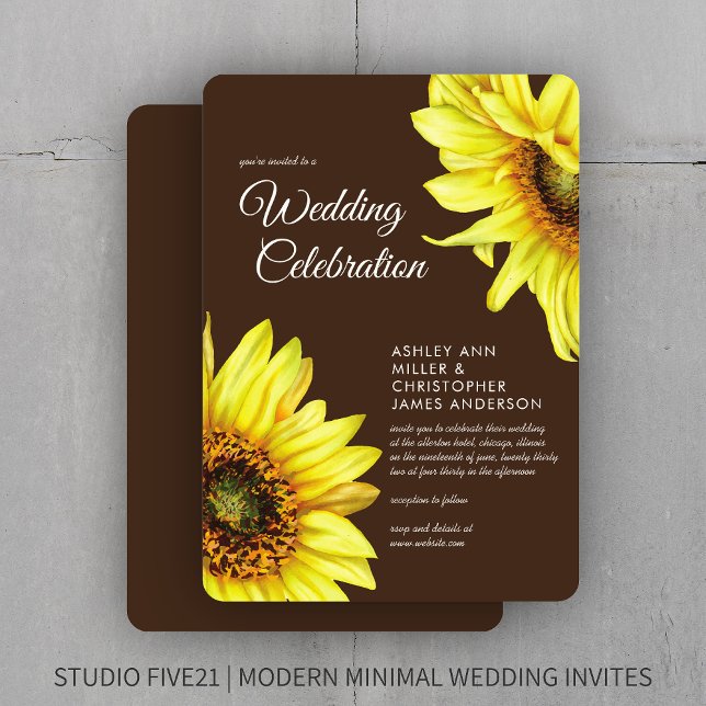 Stilvolle Watercolor Sonnenblume Walnut Brown Wedd Einladung (Von Creator hochgeladen)