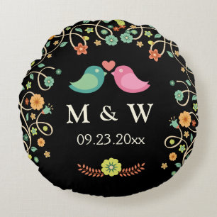 Stilvolle Wedding Monogram Floral Love Birds Coupl Rundes Kissen
