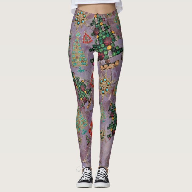 Stilvolle Weihnachtsbaum Jewel Bling Lila Jade Gem Leggings (Vorderseite)