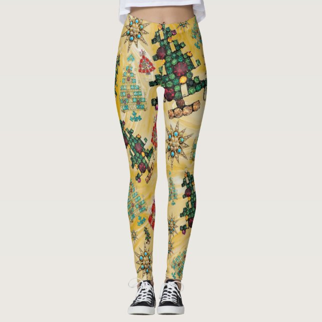 Stilvolle Weihnachtsbaum Jewel Bling Yellow Leggings (Vorderseite)
