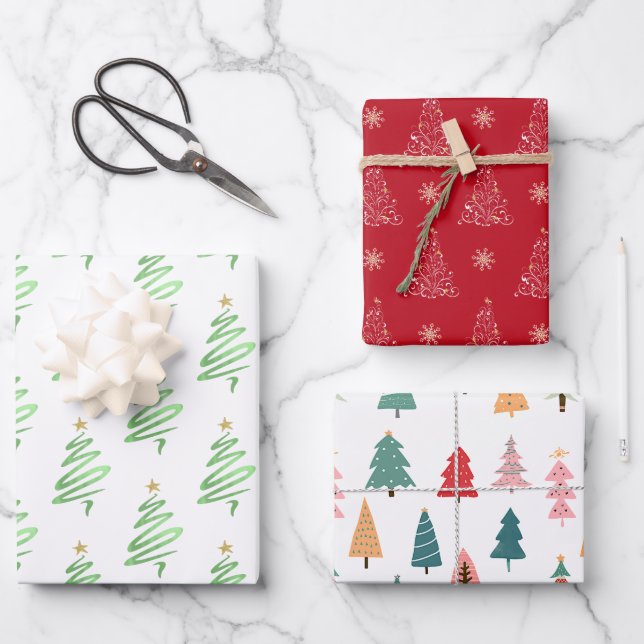 Stilvolle Weihnachtsbaumdrucke Geschenkpapier Set (Vorderseite)