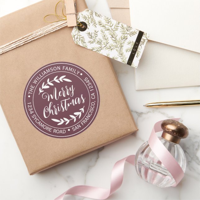 Stilvolle Weihnachtsfreude Rücksendeadresse Burgun Runder Aufkleber (Schenken)