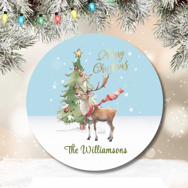 Stilvolle Weihnachtskarte der Wasserfarben-Rentier Runder Aufkleber (Von Creator hochgeladen)