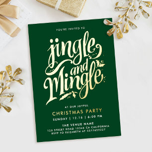 Stilvolle Weihnachtswald Grün und Gold Script Folieneinladung