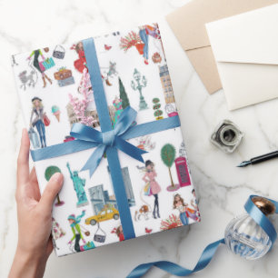 Stilvolle Weiß- und Multicolor Shopping Girls Geschenkpapier