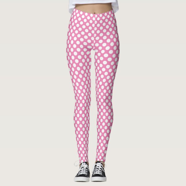 Stilvolle, weiße Polka-Punkte-Muster auf rosa Leggings (Vorderseite)