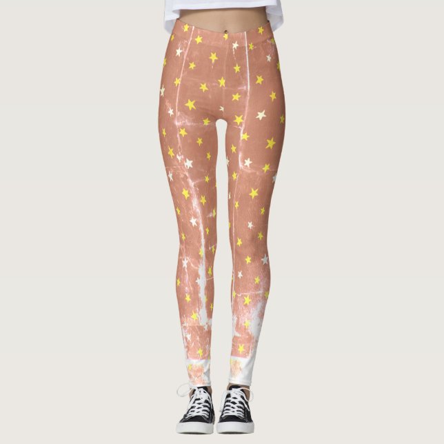 Stilvolle, weiße und gelbe Sterne Leggings (Vorderseite)