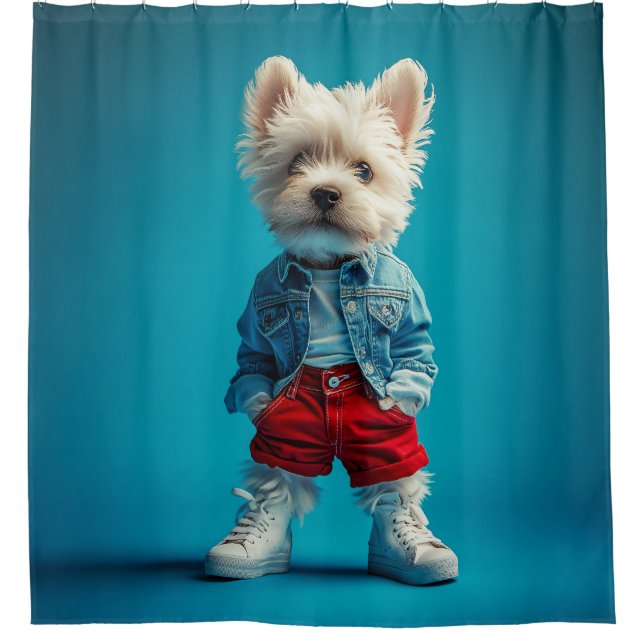 Stilvolle Westie Pup in Denim und Sneakers Duschvorhang (Vorderseite)