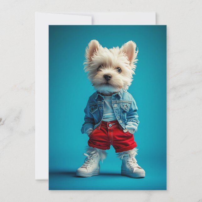 Stilvolle Westie Pup in Denim und Sneakers Einladung (Vorderseite)