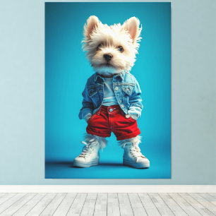 Stilvolle Westie Pup in Denim und Sneakers Leinwanddruck