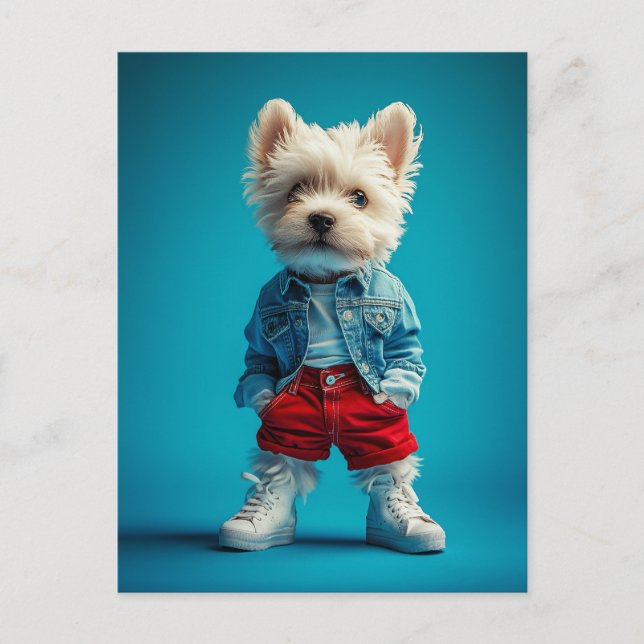 Stilvolle Westie Pup in Denim und Sneakers Postkarte (Vorderseite)