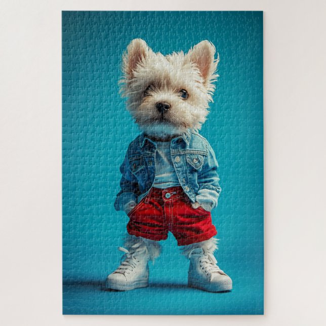 Stilvolle Westie Pup in Denim und Sneakers Puzzle (Vertikal)