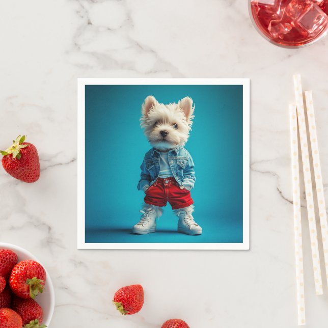 Stilvolle Westie Pup in Denim und Sneakers Serviette (Beispiel)