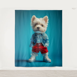 Stilvolle Westie Pup in Denim und Sneakers Wandteppich