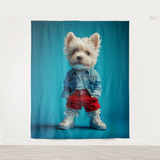 Stilvolle Westie Pup in Denim und Sneakers Wandteppich (Vorderseite)