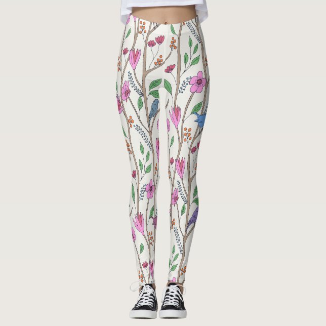 Stilvolle Whimsikale Vögel und Blume Leggings (Vorderseite)