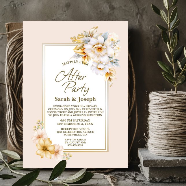 Stilvolle White Gold Floral Wedding After Party Einladung (Von Creator hochgeladen)