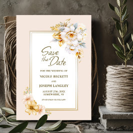 Stilvolle White Gold Floral Wedding Save the Date