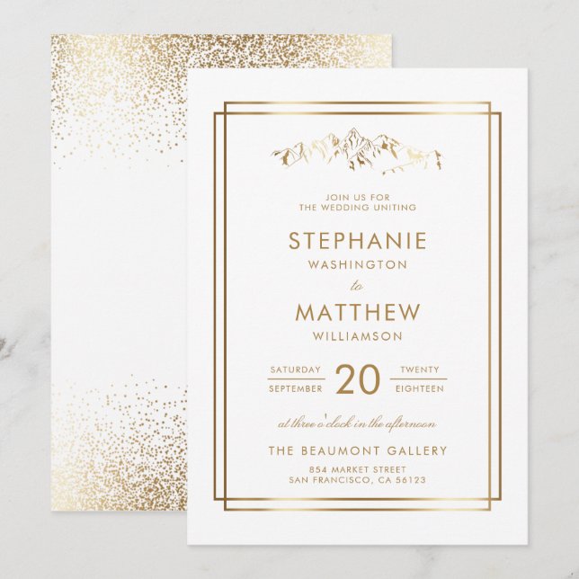 Stilvolle White & Gold Mountain Wedding Einladung (Vorne/Hinten)