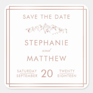 Stilvolle White & Rose Gold Mountain Save the Date Quadratischer Aufkleber