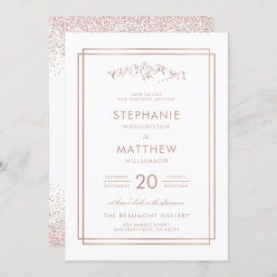 Stilvolle White & Rose Gold Mountain Wedding Einladung